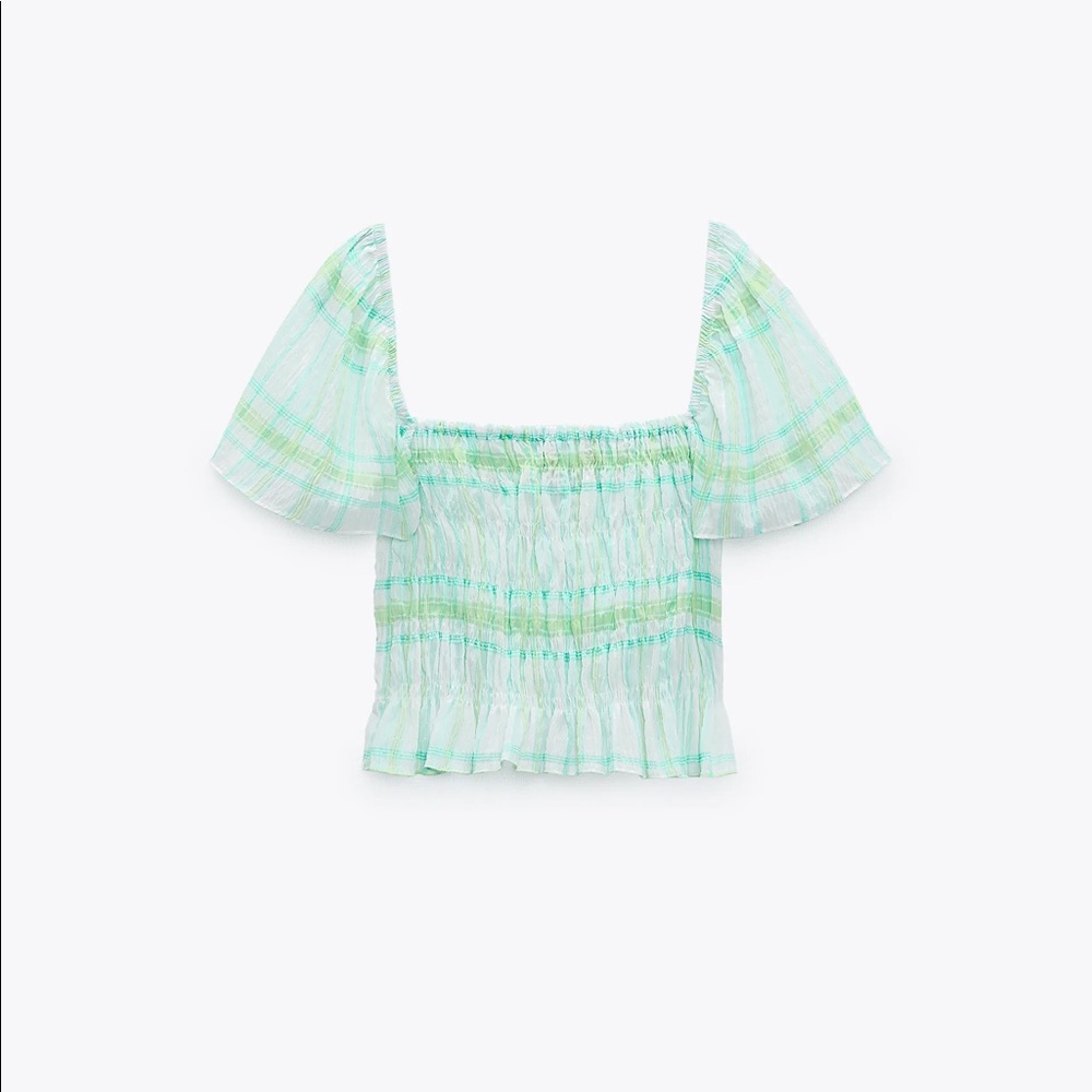 NWT Zara Elastic Trim Print Top Ecru/Green
